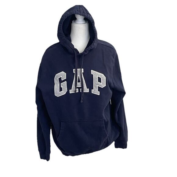 Gap Y2K Hoodie Navy Blue Embroidered Arched Logo  Size L Pullover Kanga Pocket - Picture 1 of 8